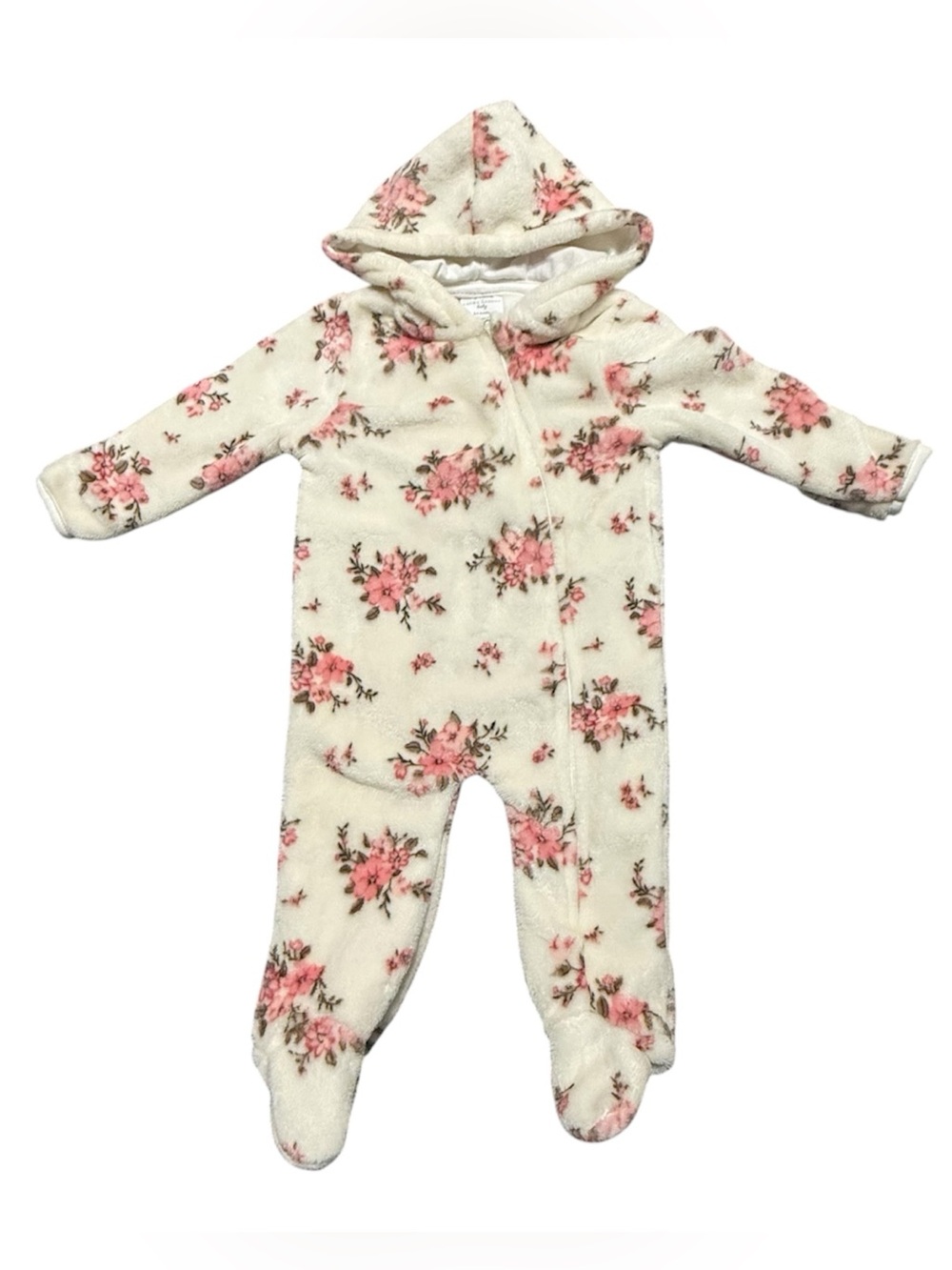 Laura Ashley Baby Bunting 3-6M Cream Pink Floral Fuzzy Hooded Coverall